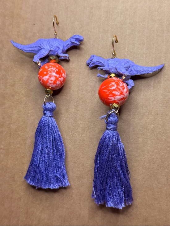 TreeWalk Design Jewelry - Playful Purple Tyrannosaurus Dinosaur Tassel Earrings with Orange Beads